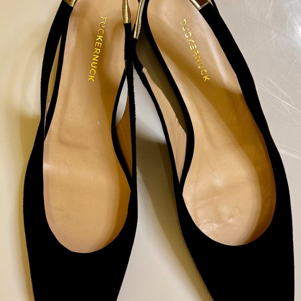 Tuckernuck Olivia Black Suede Slingback Flats with Warm Silver Accent